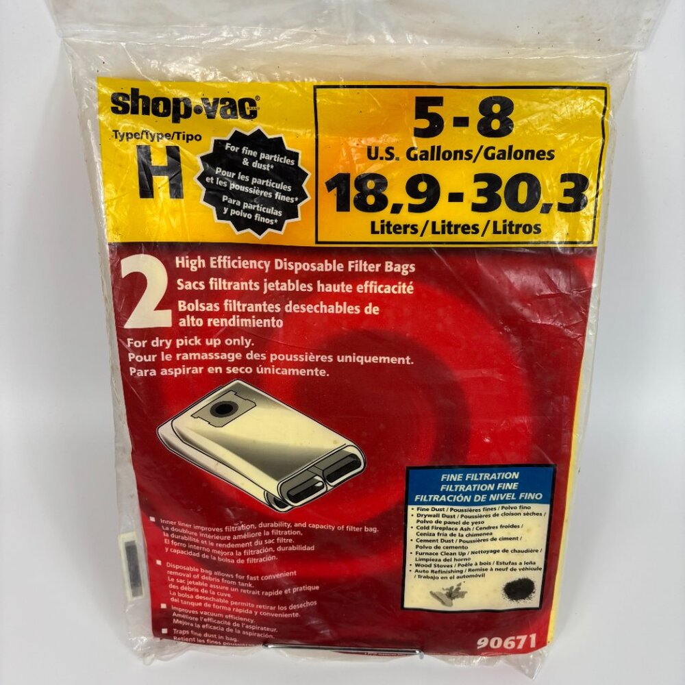 Shop Vac Type H Vacuum Filter Bag 5-8 Gallon Fine Filtration - 2 Pack #90671 New